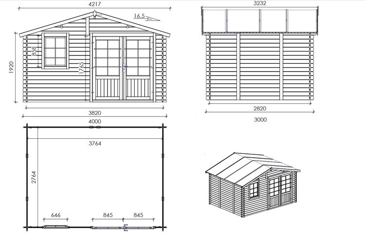 Technische Zeichnung eines Gartenhauses mit Maßen.