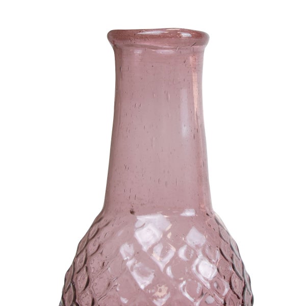 Vase aus rosa Glas mit schlankem Hals und Wabenmuster