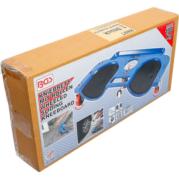 BGS technic Kniebrett mit Rollen im Originalkarton, mit fünf Lenkrollen, gepolsterten Knieflächen und Tragkraft bis 100 Kilogramm.