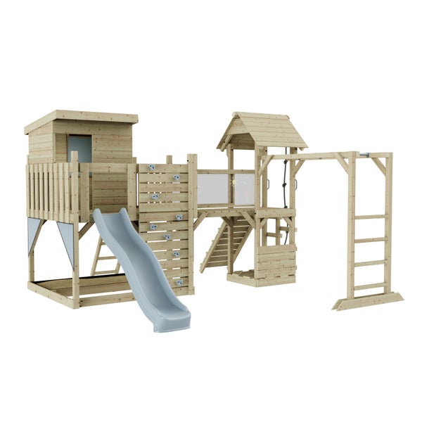 Spielanlage aus Holz mit Rutsche, Kletterwand und Spielhaus