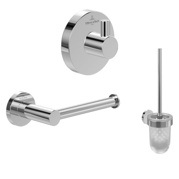 Villeroy & Boch Elements-Tender Badaccessoire-Set (3 in 1 Bundle), Bad Zubehör Set bestehend aus Handtuchhaken, Toilettenpapierhalter ohne Deckel und Toilettenbürstengarnitur, Chrom