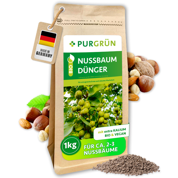 Anwendung von Purgrün Krümelgranulat: circa 100 bis 400 Gramm abmessen und im März, April, Juli und August gleichmäßig verteilen. Purgrün Logo.