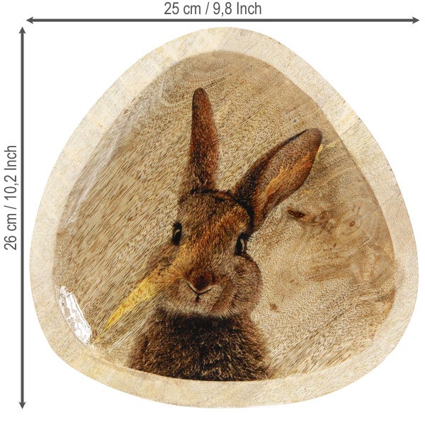 Dreieckiges Serviertablett aus Mangoholz mit Hasenmotiv 25 mal 26 Zentimeter
