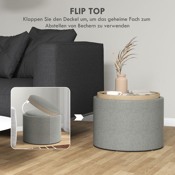 HOMCOM Sitzhocker mit Stauraum Hocker mit Klappdeckel, Runder Fußhocker Sitzwürfel Aufbewahrungsbox Polsterhocker, Leinenoptik 56 x 42 x 42 cm Grau