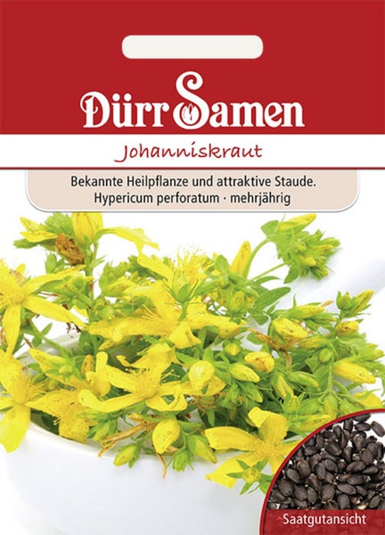 Dürr Samen Logo. Samentüte Johanniskraut (Hypericum perforatum), mehrjährige Heilpflanze mit gelben Blüten und Detailansicht der Samen.