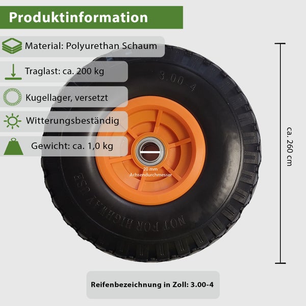 Rad aus Polyurethanschaum mit Kugellager, wetterbeständig, mit einer Traglast von circa 200 Kilogramm und einem Gewicht von circa 1,0 Kilogramm, Reifendimension 3.00-4, Achsendurchmesser 20 Millimeter, Raddurchmesser circa 260 Millimeter