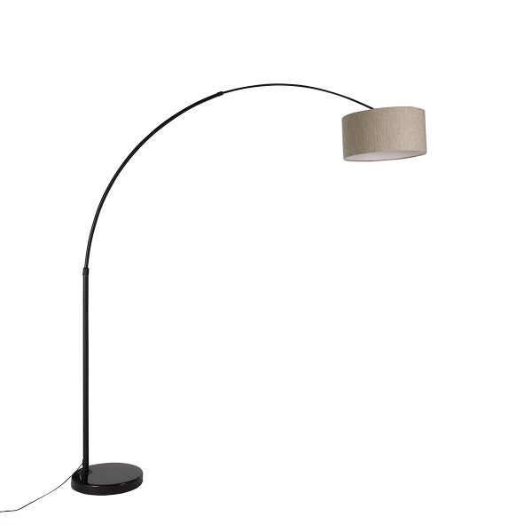 QAZQA - Moderne Bogenlampe schwarz mit Bouclé-Schirm taupe 50 cm - XXL I Wohnzimmer I Schlafzimmer - Stahl Rund - LED geeignet E27