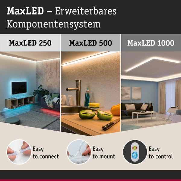Paulmann MaxLED erweiterbares System: LED-Streifen für Wohnzimmer und Küche, einfach zu verbinden, zu montieren und per Fernbedienung zu steuern.