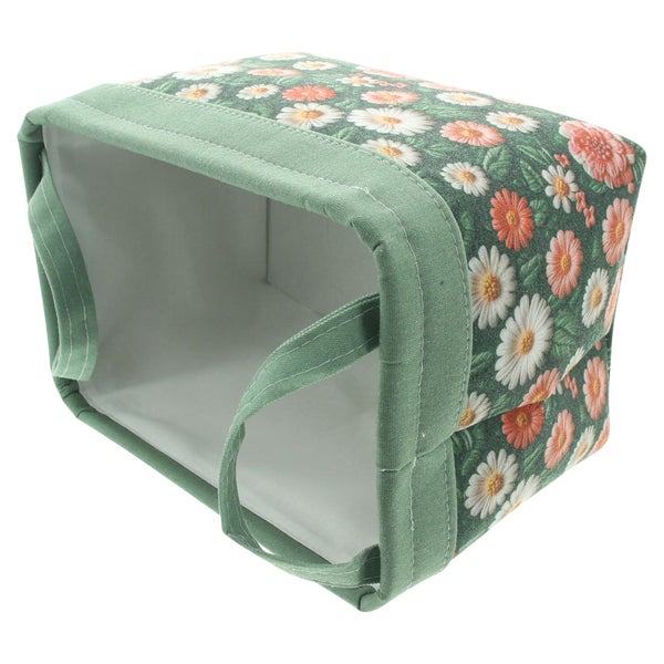 Aufbewahrungskorb aus Stoff mit Blumenmuster und Tragegriffen.