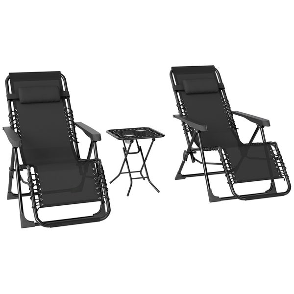 Outsunny Gartenliege Set 3-TLG. Klappbar Sonnenliege mit Teetisch 2 Stühle Kopfkissen, Outdoor Liege wetterfest Relaxliege Liegestuhl aus Metall Strandliege für Garten, Terrasse 90x56x110 cm Schwarz