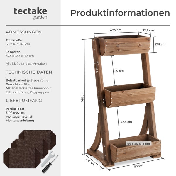 tectake Garden Logo. Produktdetails für ein Vertikalbeet aus Tannenholz mit drei Etagen, Abmessungen circa 60 mal 49 mal 140 Zentimeter.