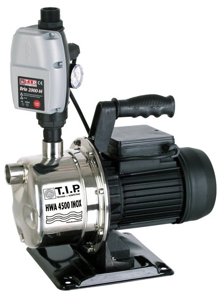 Hauswasserautomat TIP HWA 4500 INOX mit elektronischem Druckschalter Brio 2000-M, Edelstahlgehäuse und schwarzem Motor.
