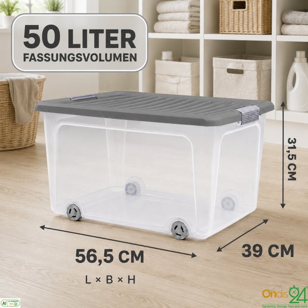 Durchsichtige Aufbewahrungsbox mit Deckel und Rollen, 50 Liter Volumen, Maße 56,5 Zentimeter mal 39 Zentimeter mal 31,5 Zentimeter, Ondis 24 Logo