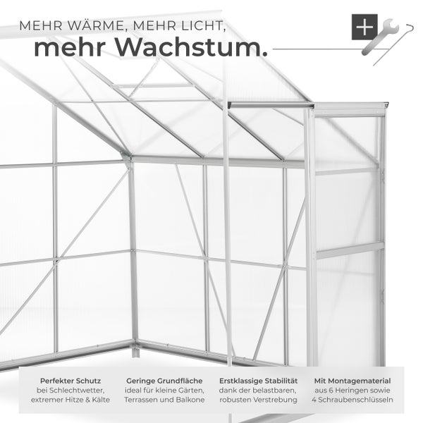 Gewächshaus mit Text: Mehr Wärme, mehr Licht, mehr Wachstum.