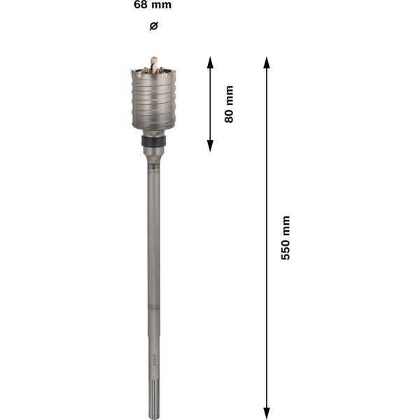 Bohrkronenaufnahme mit den Maßen 68 Millimeter Durchmesser, 80 Millimeter Höhe und 550 Millimeter Länge.