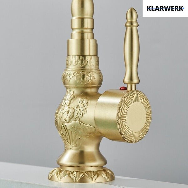 Einhandwaschtischarmatur von Klarwerk im antiken Design mit floralen Verzierungen und Hebelgriff.