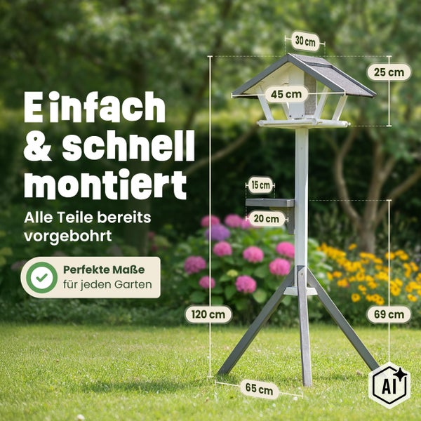 Vogelhaus mit Ständer aus Holz mit Bemaßung im Garten aufgestellt zur einfachen und schnellen Montage.