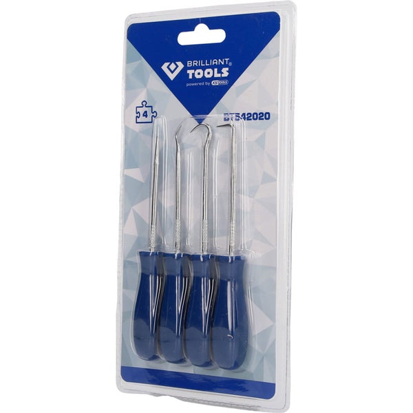 Vierteiliges Haken- und Stechwerkzeug-Set von Brilliant Tools in Verpackung