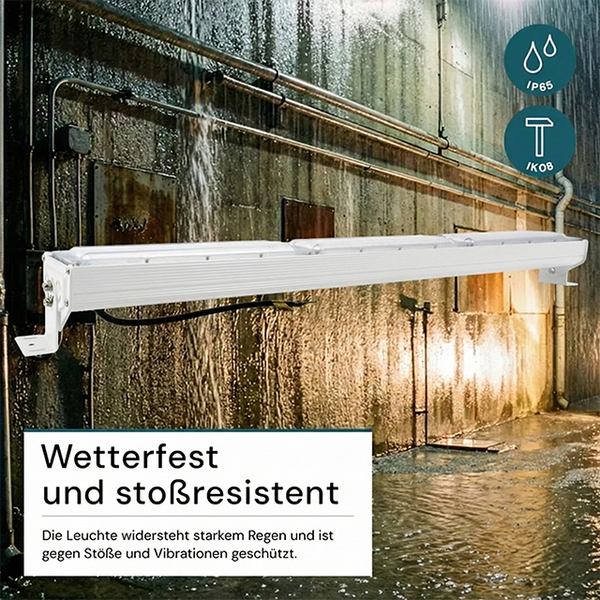 Wetterfeste LED-Feuchtraumleuchte bei starkem Regen, wasserdicht nach IP65 und stoßfest nach IK08.
