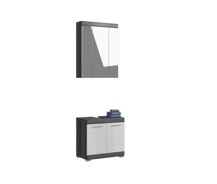 Badezimmermöbel-Set bestehend aus einem dreitürigen Spiegelschrank und einem Waschbeckenunterschrank mit weißen Fronten und dunklem Holzrahmen.