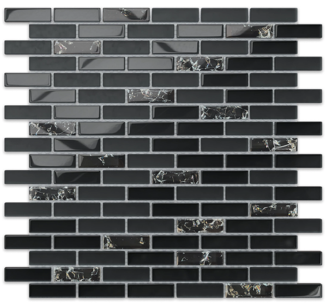 Mosaikfliese aus rechteckigen Stäbchen in Schwarz und marmoriertem Schwarz.