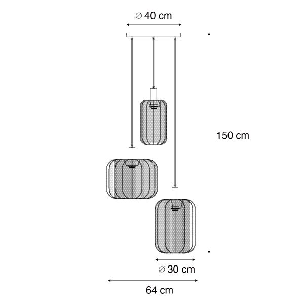 Technische Zeichnung einer dreiflammigen Pendelleuchte mit Maßen: Höhe 150 Zentimeter, Breite 64 Zentimeter, Schirmdurchmesser 30 Zentimeter.