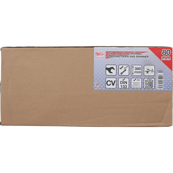 Verpackung eines Schlagmaulschlüssels der Marke BGS technic, 80 mm, Länge 380 mm, DIN 133