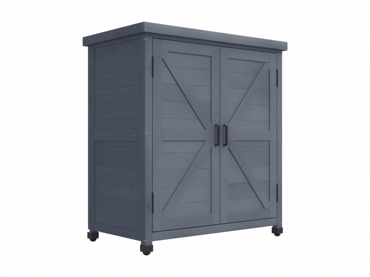 Grauer Gartenschrank aus Holz mit zwei Türen, X-Streben-Design und Metallgriffen.