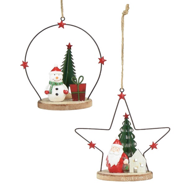 Zwei Weihnachtsanhänger mit den Motiven Schneemann und Weihnachtsmann