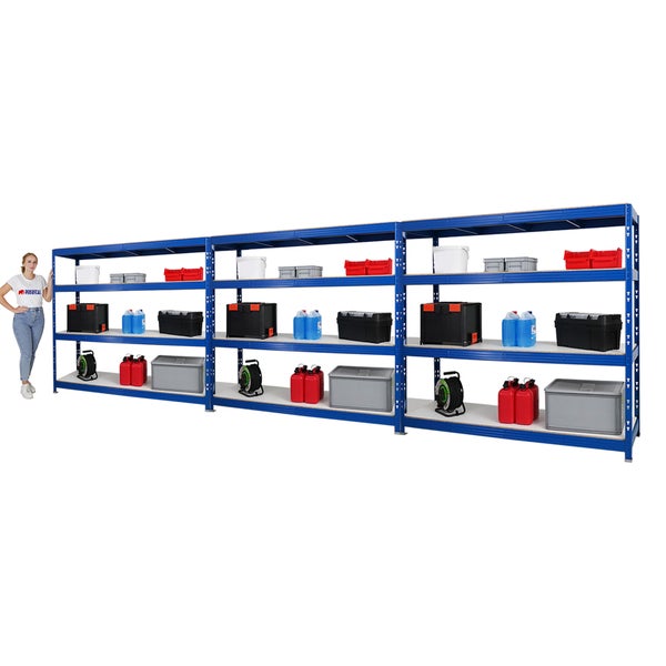 PROREGAL Mega Deal 3x Profi Schwerlastregal Rhino HxBxT 180 x 200 x 60 cm 4 Melamin-Ebenen 16mm Fachlast 500 kg Blau
