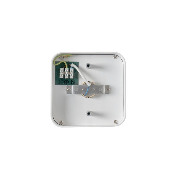 Innenansicht einer quadratischen Deckenleuchte mit Verkabelung.