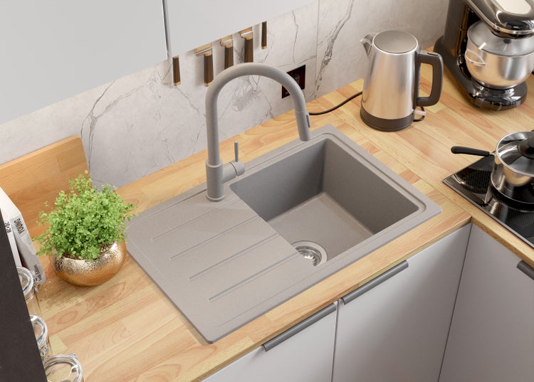 PRIMAGRAN Spülbecken Grau 70x44cm, Granitspüle 1 Becken + Ablauf-Set, Küchenspüle ab 45er Unterschrank - Kopenhagen Easy