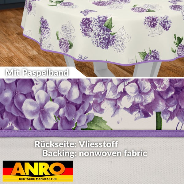 Tischdecke mit Hortensienmuster und Paspelband