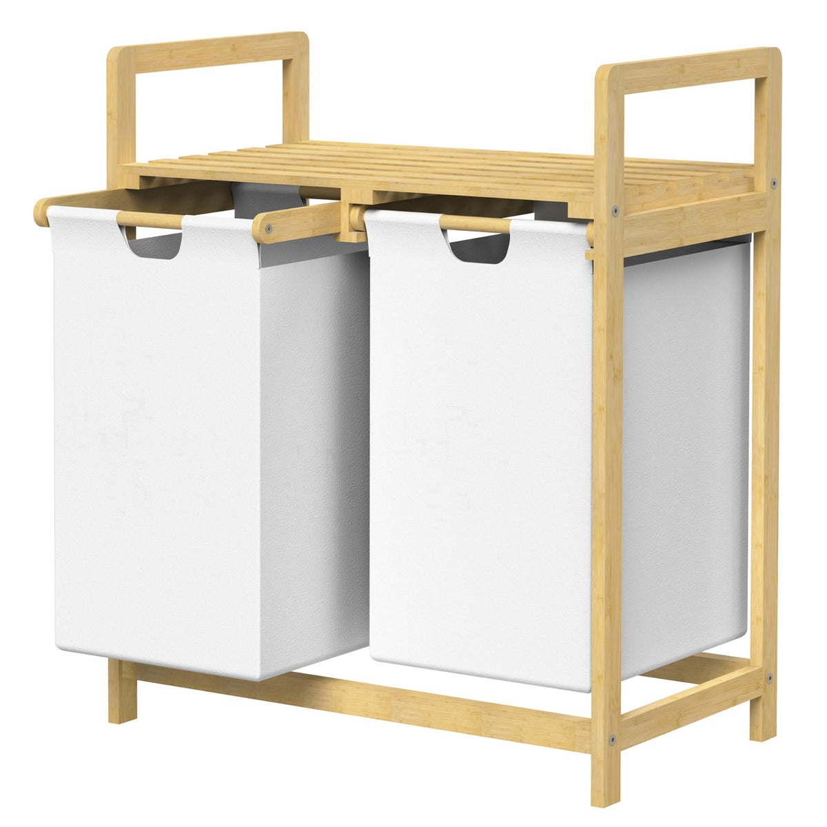 ML-Design Wäschekorb aus Bambus, Weiß, Wäschebox mit 2 Fächern, Wäschesammler mit 2 ausziehbaren Wäschesäcken 60 L, Wäschetruhe mit Ablage, Wäschesortierer für Badezimmer, Wäschetonne mit Regal