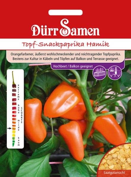 Dürr Samen Logo, Samentüte für Topf-Snackpaprika Hamik mit Abbildung reifer Paprika, Saatgutansicht, Schärfegrad mild und Eignung für Balkon.
