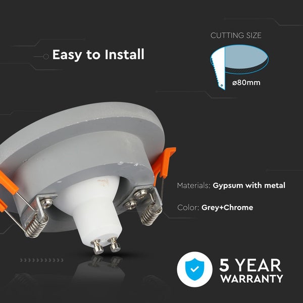 Einbaustrahler aus Gips und Metall in Grau und Chrom, Ausschnittsmaß 80 Millimeter, mit GU10 Leuchtmittel und 5 Jahren Garantie.