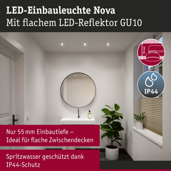 Modernes Badezimmer mit LED-Einbauleuchten Nova, rundem Spiegel und Waschtisch. IP44-Spritzwasserschutz und 55 Millimeter Einbautiefe.