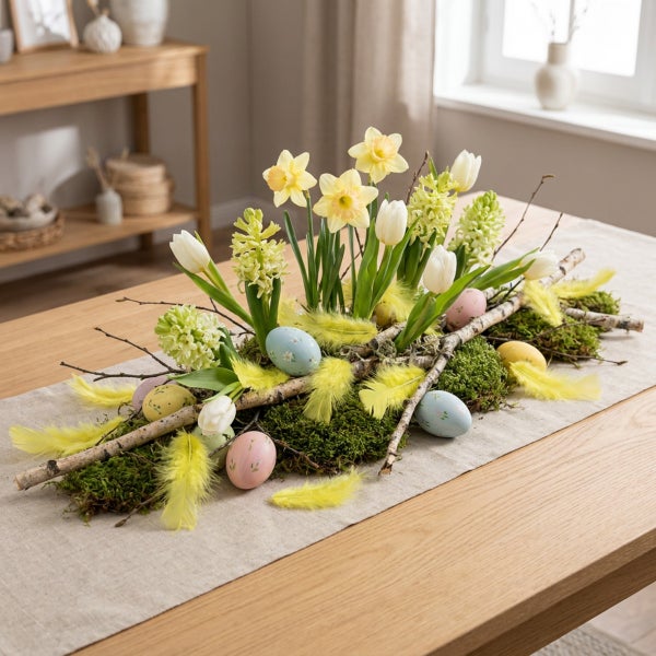 Osterdekoration mit Narzissen, Tulpen, Hyazinthen, Moos, Zweigen und Ostereiern als Tischschmuck auf einem Holztisch.