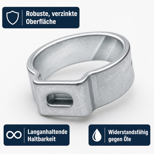 Ohrschelle aus verzinktem Stahl fuer eine robuste und langlebige Schlauchbefestigung bestaendig gegen Oele