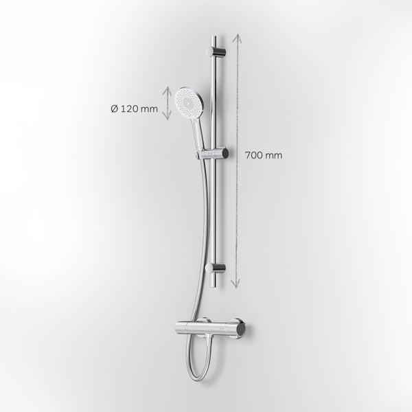 Duschset bestehend aus einer Handbrause mit 120 Millimeter Durchmesser und einer 700 Millimeter Duschstange mit Thermostatarmatur.
