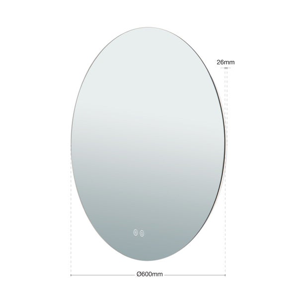 Runder LED Badezimmerspiegel mit Touch Sensor, 600 Millimeter Durchmesser und 26 Millimeter Bautiefe.