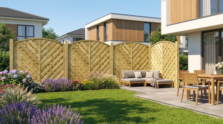 Gartenansicht mit Holzzaun, Rasenfläche, Blumen und Gartenmöbeln.