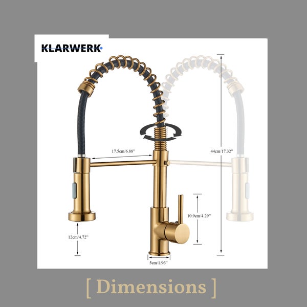 Klarwerk Logo. Küchenarmatur mit Spiralfeder und Auszugbrause. Maße: Gesamthöhe 44 Zentimeter, Ausladung 17,5 Zentimeter, Sockeldurchmesser 5 Zentimeter.