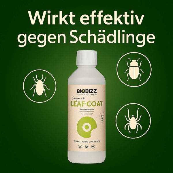Biobizz Leaf-Coat Pflanzenschutzmittel wirkt effektiv gegen Schädlinge, illustriert durch Insekten-Symbole.