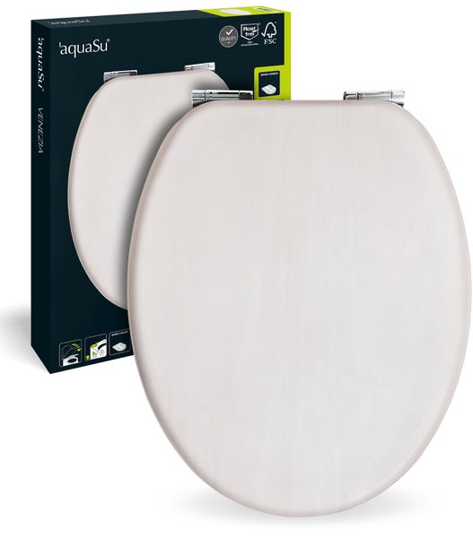 aquaSu® Holz WC-Sitz mit Absenkautomatik Venezia Weiß gekalkt, Schnellbefestigung, Metallscharnier, robuster Holzkern Toilettendeckel, ovaler O Form WC-Deckel, Holzfurnier Weiß gekalkt, 403085