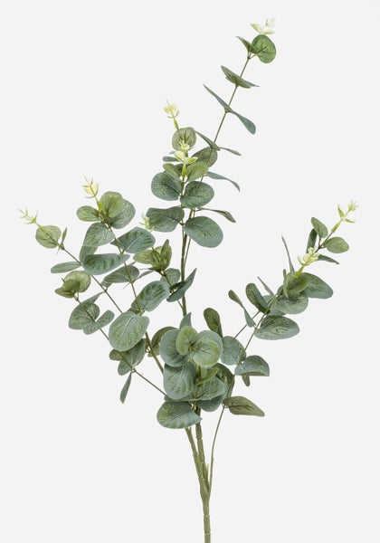Künstlicher Eukalyptuszweig mit runden, grünen Blättern.