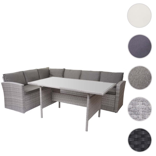 Lounge-Gartenmöbel-Set bestehend aus Ecksofa und Tisch mit Glasplatte aus Polyrattan-Geflecht inklusive Polsterauflagen.