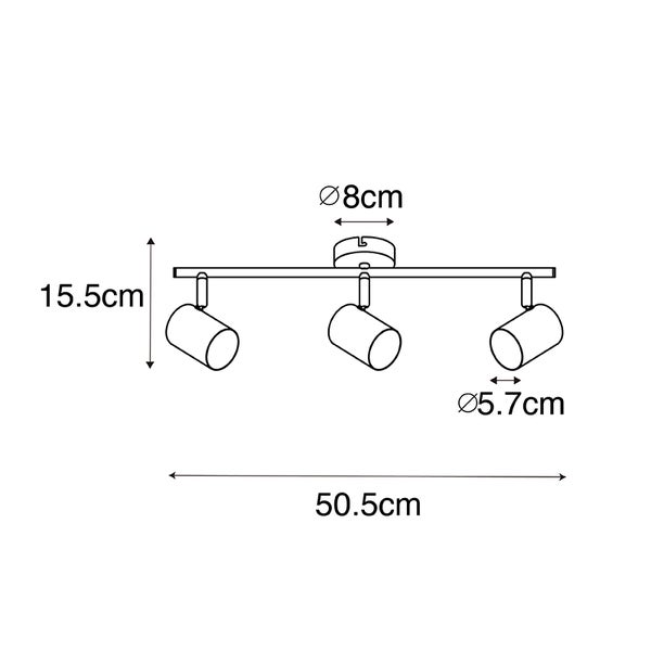 Technische Zeichnung einer Deckenleuchte mit drei Strahlern und Maßangaben