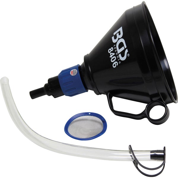 BGS technic Trichter-Set bestehend aus Kunststofftrichter mit Griff, flexiblem Schlauch und Siebeinsatz.