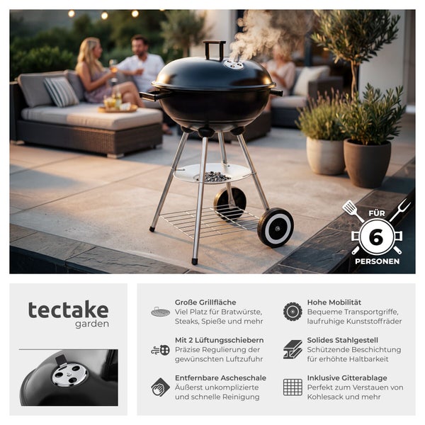 tectake garden Logo. Schwarzer Kugelgrill für sechs Personen auf einer Terrasse mit Stahlgestell, Rädern, Ascheschale und Gitterablage.
